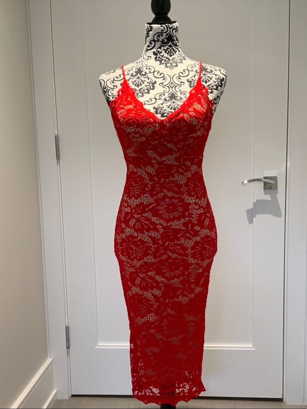 Red Lace Midi Slip Dress - Sleeveless Spaghetti Strap